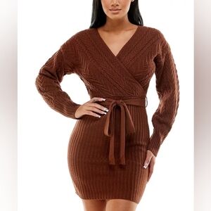 Juniors' Belted Cable-Knit V-Neck Wrap Sweater Dress XS